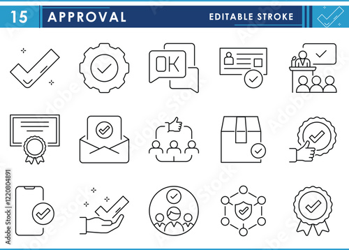 A set of line icons related to Approval. Approve, tick, verify, award, OK, and so on. Vector editable stroke.