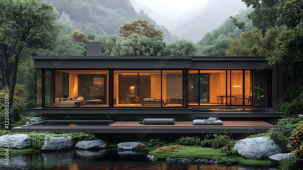 Obraz premium Countryside dwelling with black steel frame, warm wooden decor, elevated structure, open ground space, 8K high-resolution realistic images,
