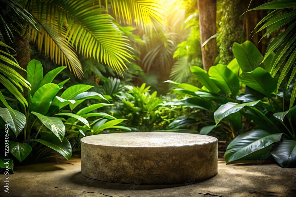 Luxurious Jungle Podium: Antique Stone Round Display Platform Overgrown with Cracks in Tropical Setting Luxurious Jungle Podium: Antique Stone Round Display Platform Overgrown with Cracks in Tropical Setting