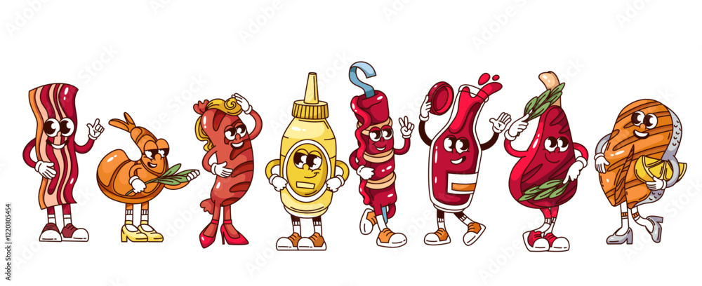 Fototapeta premium Groovy BBQ party cartoon characters set. Funny retro meat and salmon steak, sausage, ketchup and mustard bottle, kebab on skewer. BBQ mascot, cartoon barbeque stickers of 70s 80s vector illustration