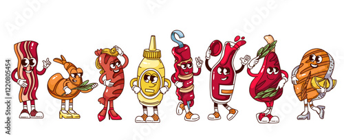 Groovy BBQ party cartoon characters set. Funny retro meat and salmon steak, sausage, ketchup and mustard bottle, kebab on skewer. BBQ mascot, cartoon barbeque stickers of 70s 80s vector illustration