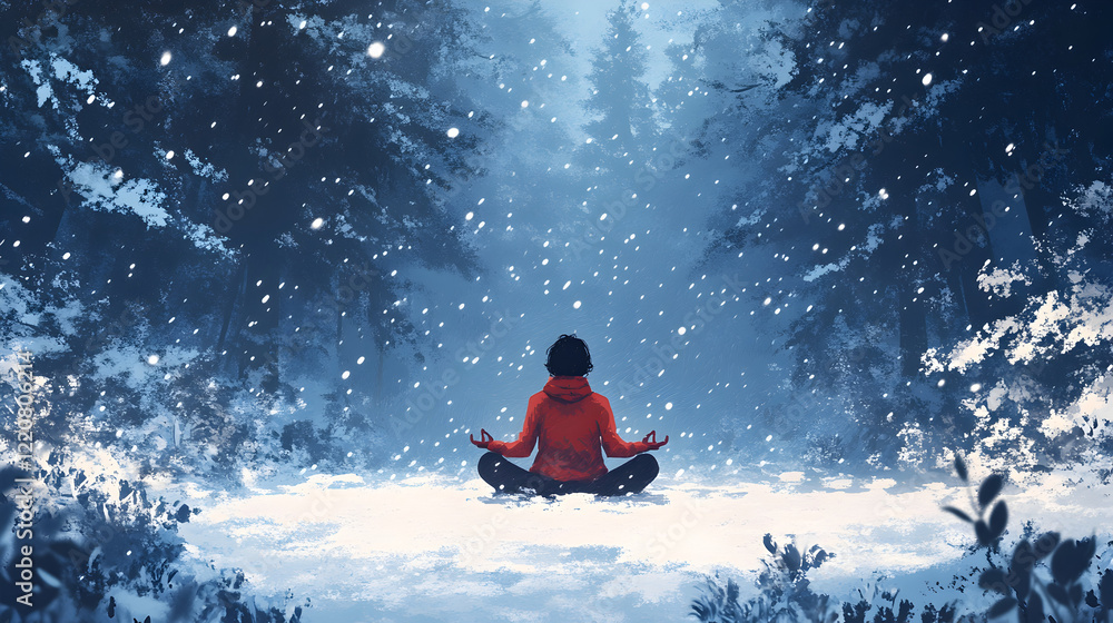 A soothing illustration of a person meditating in a snow-covered forest. A soothing illustration of a person meditating in a snow-covered forest.
