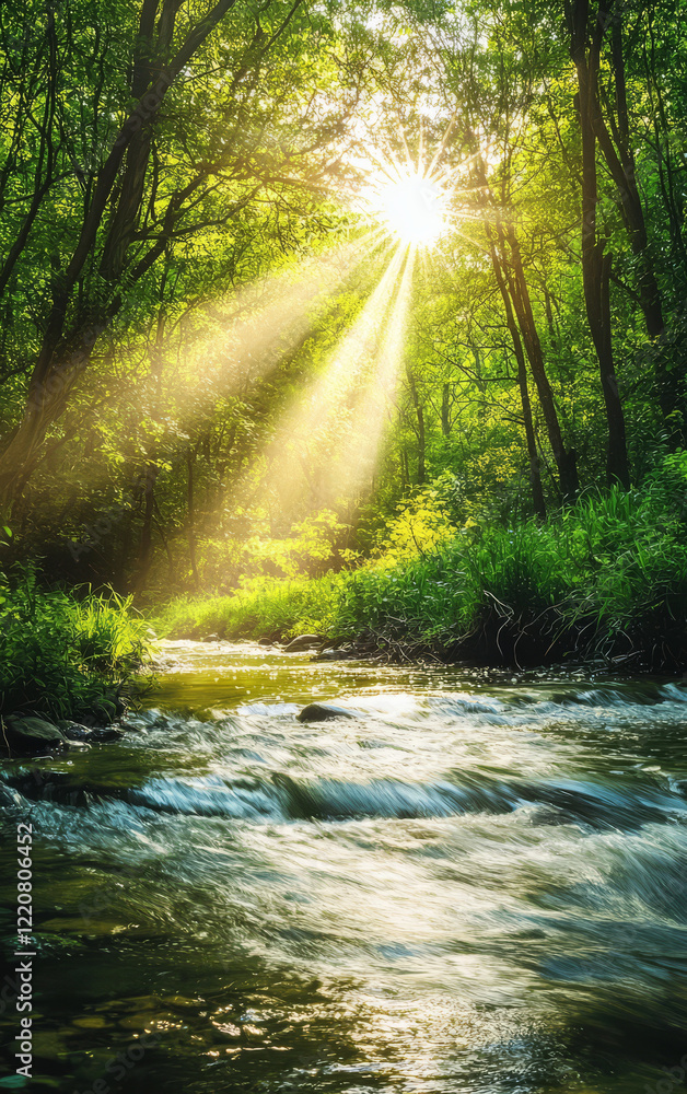 Obraz premium Sunlit Stream Serenity: Sunlight pierces through the canopy, illuminating a pristine stream flowing through a vibrant forest.