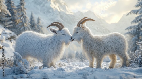 Alpine and oberhasli goats embracing in serene winter wonderland photo