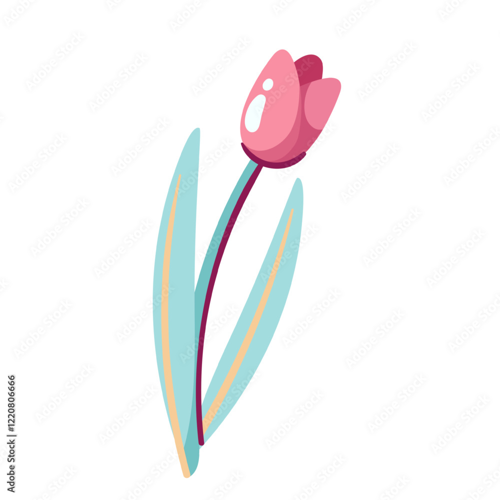 Cute cartoon pink tulip flower. Funny one flower with green leaf for spring gift of love and romance. Valentines day greeting, garden mascot, cartoon romantic floral present vector illustration Cute cartoon pink tulip flower. Funny one flower with green leaf for spring gift of love and romance. Valentines day greeting, garden mascot, cartoon romantic floral present vector illustration
