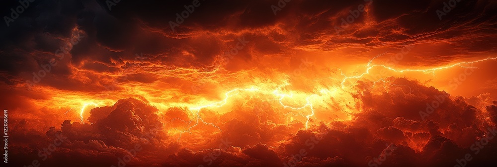 Dramatic Lightning Fork Illuminates Dark Orange Sky with Stormy Clouds Creating a Captivating Natural Phenomenon at Dusk Dramatic Lightning Fork Illuminates Dark Orange Sky with Stormy Clouds Creating a Captivating Natural Phenomenon at Dusk