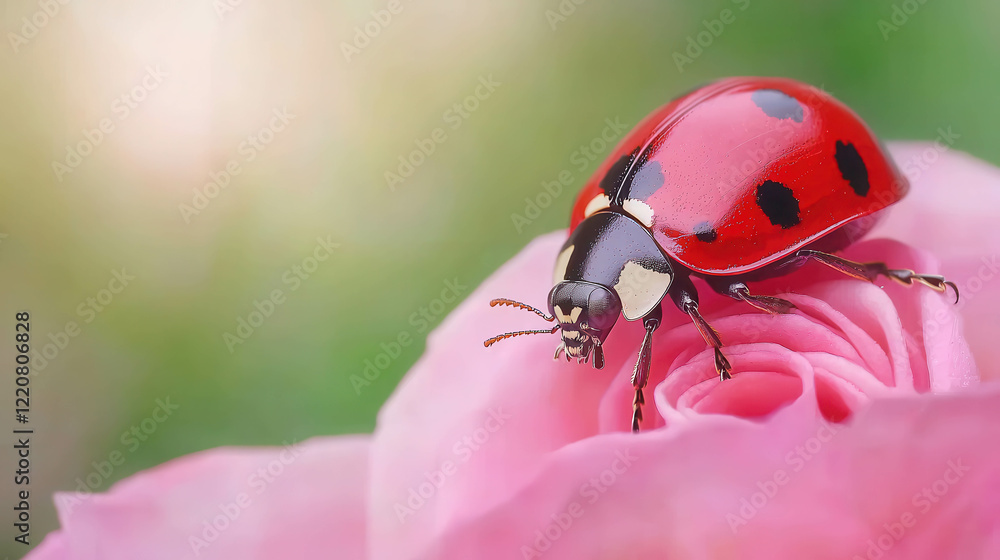 Fototapeta premium Gentle Macro Photograph of Ladybug Crawling Peacefully on Soft Pink Flower Petal