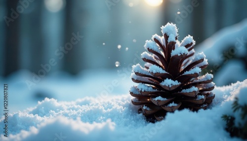 Frozen tears fall from a snowflake on a snowy pinecone, evergreen, forest