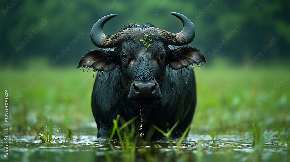 Naklejka premium A black water buffalo stands in shallow water
