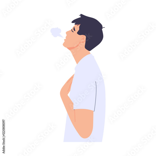 Man with shortness of breath, breathing difficulties, gasping for air, out of breath, struggling to breathe. Vector character illustration. Isolated on white background.