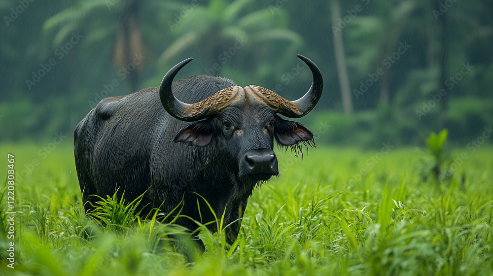 A dark buffalo stands in a field of tall grass A dark buffalo stands in a field of tall grass