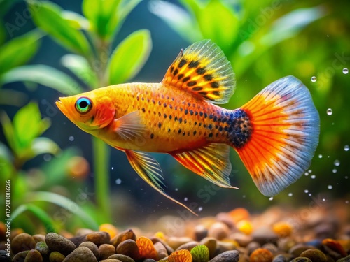 Lyretail Molly Fish Eating Mosquito Larvae in Aquarium - Candid Underwater Shot photo