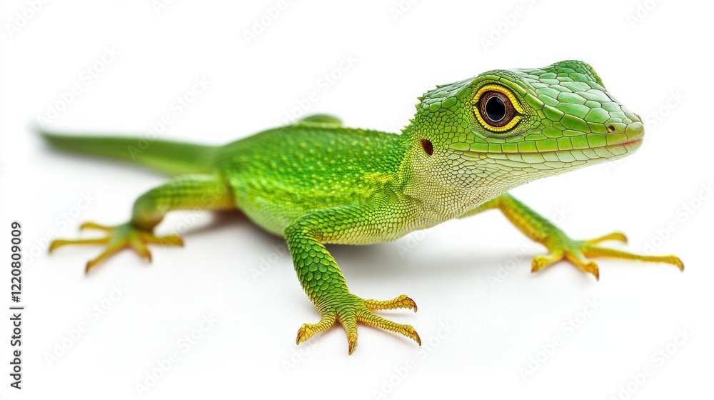 Close-up of a vibrant green lizard crawling on a white surface, showcasing its detailed features Close-up of a vibrant green lizard crawling on a white surface, showcasing its detailed features