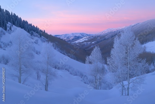 A serene snow-blanketed valley with frosted trees glowing under the soft hues of a winter sunrise