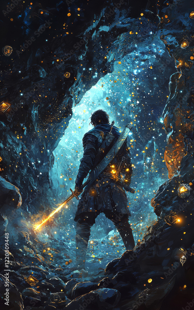 Guardian of the Luminescent Cave: A lone figure stands in a cave illuminated by a magical golden light, an atmospheric journey of exploration and adventure Guardian of the Luminescent Cave: A lone figure stands in a cave illuminated by a magical golden light, an atmospheric journey of exploration and adventure