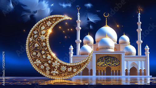 3D Islamic Crescent Moon and Grand Mosque – Elegant Ramadan and Eid Celebration Background