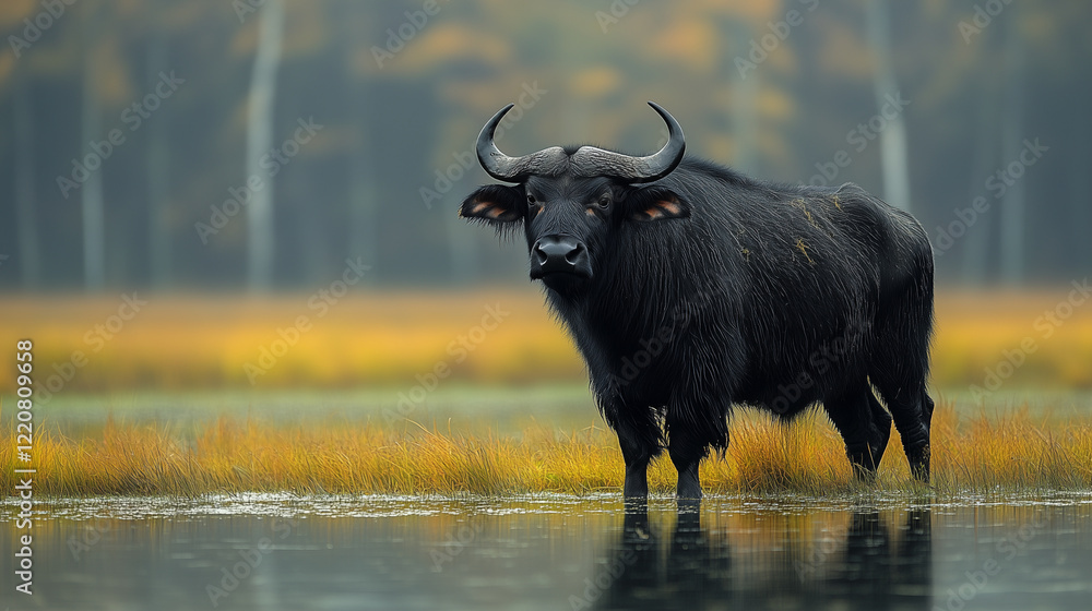 A black water buffalo stands in a shallow pond A black water buffalo stands in a shallow pond