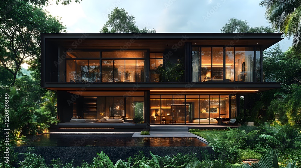 Two-storey architectural design with black steel and wood elements, elevated structure, metal roofing, warm natural tones, countryside backdrop, 8K high-resolution realistic images, Two-storey architectural design with black steel and wood elements, elevated structure, metal roofing, warm natural tones, countryside backdrop, 8K high-resolution realistic images,