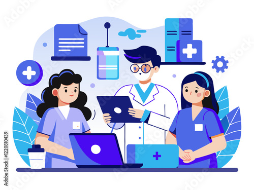 Doctor hospital team medical document health medicine healthcare meeting teamwork laptop computer technology clinic office modern flat design simple vector illustration isolated transparent background