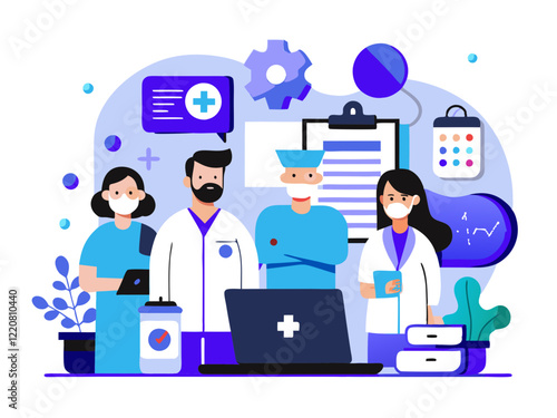 Doctor hospital team medical document health medicine healthcare meeting teamwork laptop computer technology clinic office modern flat design simple vector illustration isolated transparent background