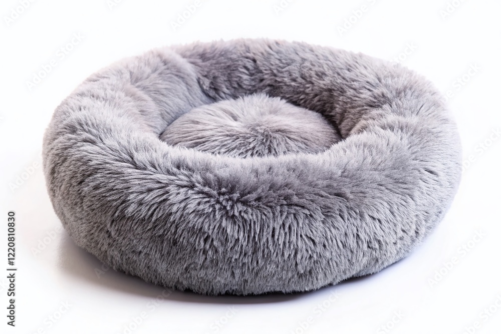 Macro Close-up of Grey Round Plush Pet Bed, Isolated on White Macro Close-up of Grey Round Plush Pet Bed, Isolated on White