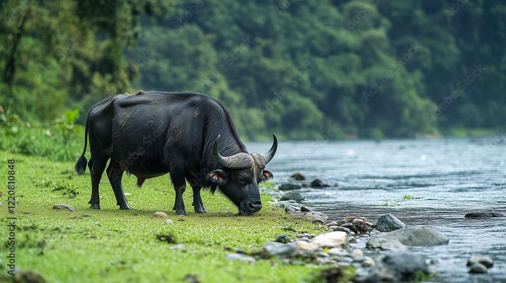 A dark buffalo grazes along a grassy riverbank A dark buffalo grazes along a grassy riverbank