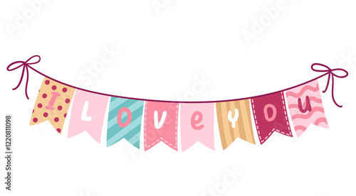 Garland with cartoon flags on string and I love you quote. Funny pennant with different pattern. Valentines day, typography mascot, cartoon cute garland to celebrate party vector illustration