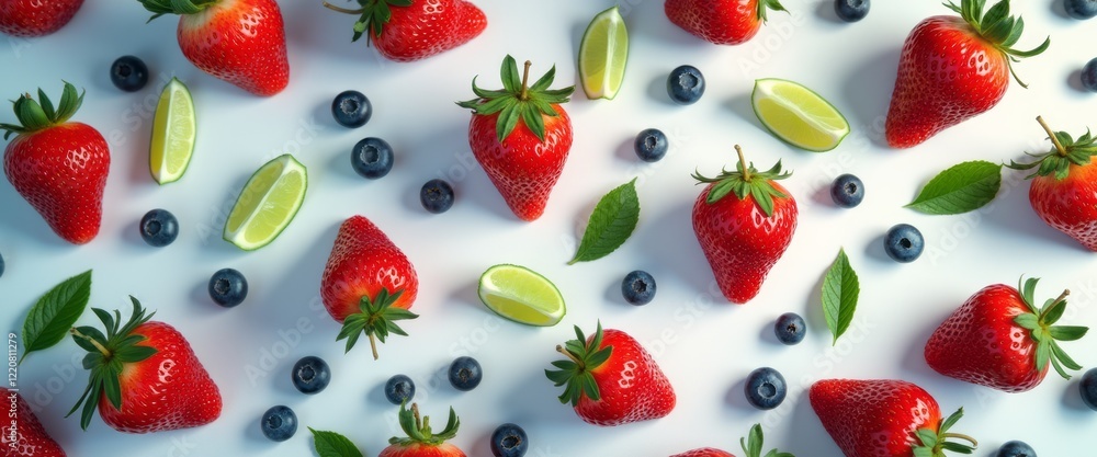A delightful spread of juicy strawberries, plump blueberries, and zesty lime slices forms a colorful and refreshing composition. This image bursts with freshness and vitality, perfect for evoking a A delightful spread of juicy strawberries, plump blueberries, and zesty lime slices forms a colorful and refreshing composition. This image bursts with freshness and vitality, perfect for evoking a