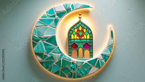 3D Islamic Crescent Moon and Grand Mosque – Elegant Ramadan and Eid Celebration Background