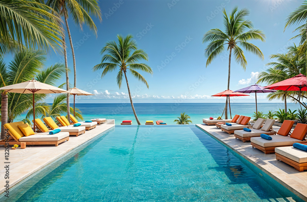 Fototapeta premium From a high-angle view on a sunny summer day, panoramic holiday landscape showcases a luxurious beach poolside resort hotel with a sparkling swimming pool, inviting beach chairs and beds, vibrant umbr