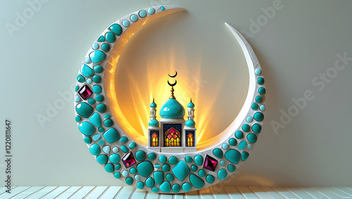 3D Islamic Crescent Moon and Grand Mosque – Elegant Ramadan and Eid Celebration Background