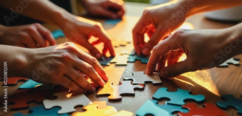Collaborative Puzzle Assembly , A close-up image of diverse hands working together to piece a jigsaw puzzle on a wooden table. Vibrant puzzle pieces in shades of blue, green.