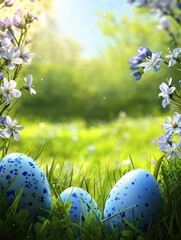 Easter background, colored easter eggs lying in the grass, field flowers, easter flowers background, fresh green spring Easter background with painted eggs on a green grass