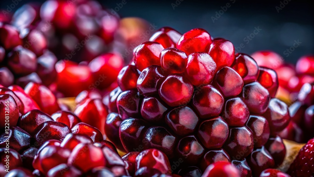 Macro Night Photography: Juicy Pomegranate Seeds, Glowing Ruby Jewels Macro Night Photography: Juicy Pomegranate Seeds, Glowing Ruby Jewels