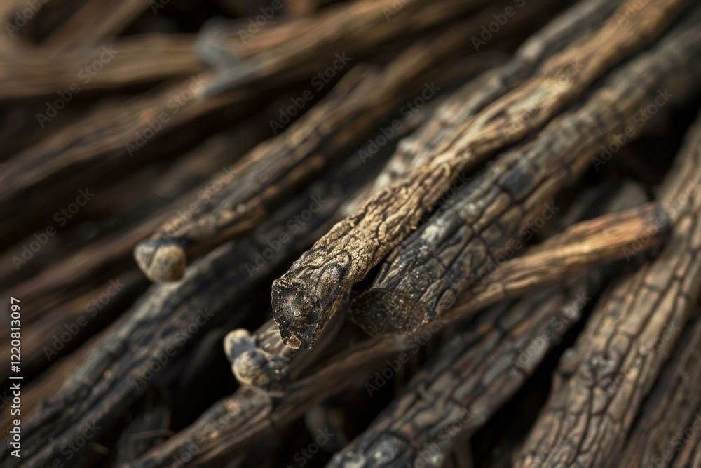 Close up of dried rehmannia root, a traditional chinese medicine ingredient Close up of dried rehmannia root, a traditional chinese medicine ingredient