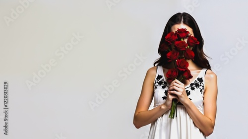 Enchanted by Red Roses , A woman veiled in mystery, partially obscured by a vibrant bouquet of red roses. She wears a white dress adorned with black floral patterns. photo