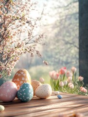 Easter product display table with easter eggs and spring meadow. Generative ai