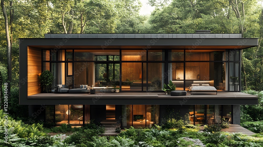 Contemporary rural home featuring black steel and wood paneling, elevated design, open base, countryside warmth, metal roofing, 8K high-resolution realistic images, Contemporary rural home featuring black steel and wood paneling, elevated design, open base, countryside warmth, metal roofing, 8K high-resolution realistic images,