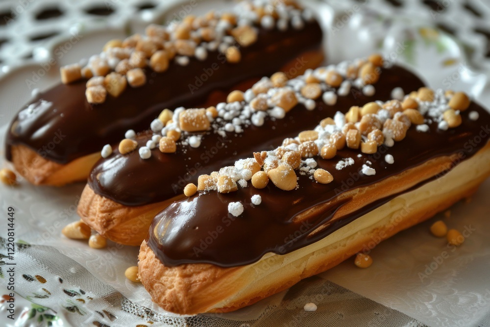Three chocolate eclairs topped with crunchy peanuts and sweet white sprinkles are presented on a decorative serving plate Three chocolate eclairs topped with crunchy peanuts and sweet white sprinkles are presented on a decorative serving plate