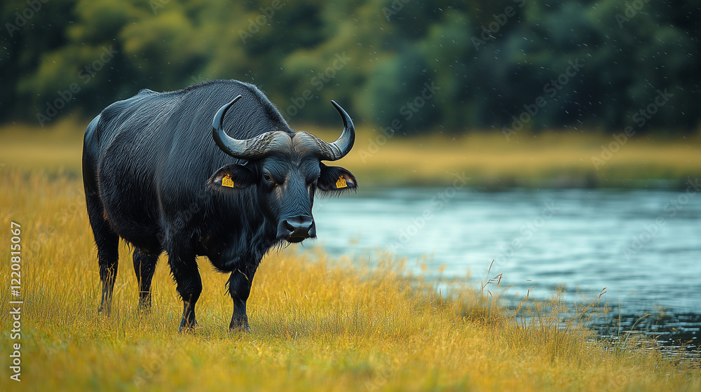 A buffalo stands in a grassy field near a body of water A buffalo stands in a grassy field near a body of water