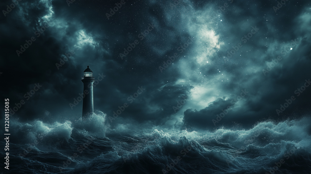 Lighthouse Standing Strong Against Stormy Night Sea Lighthouse Standing Strong Against Stormy Night Sea