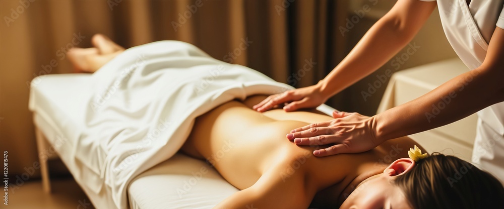 Fototapeta premium Woman Receiving Relaxing Back Massage at Spa, A woman lying on a massage bed enjoys a professional back massage in a serene spa environment. The therapist applies gentle pressure.