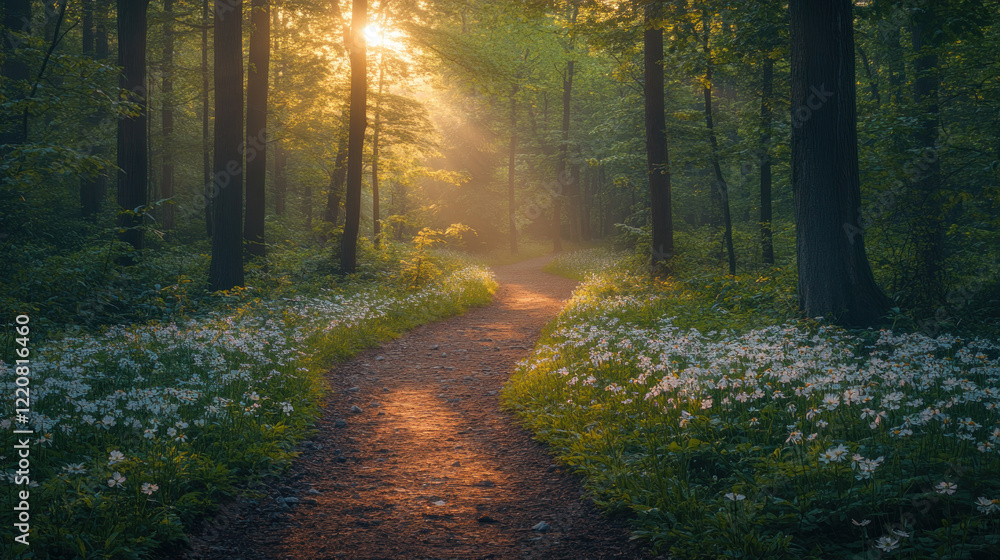 Fototapeta premium A picturesque forest trail lined with blooming trees and wildflowers, illuminated by soft golden sunlight