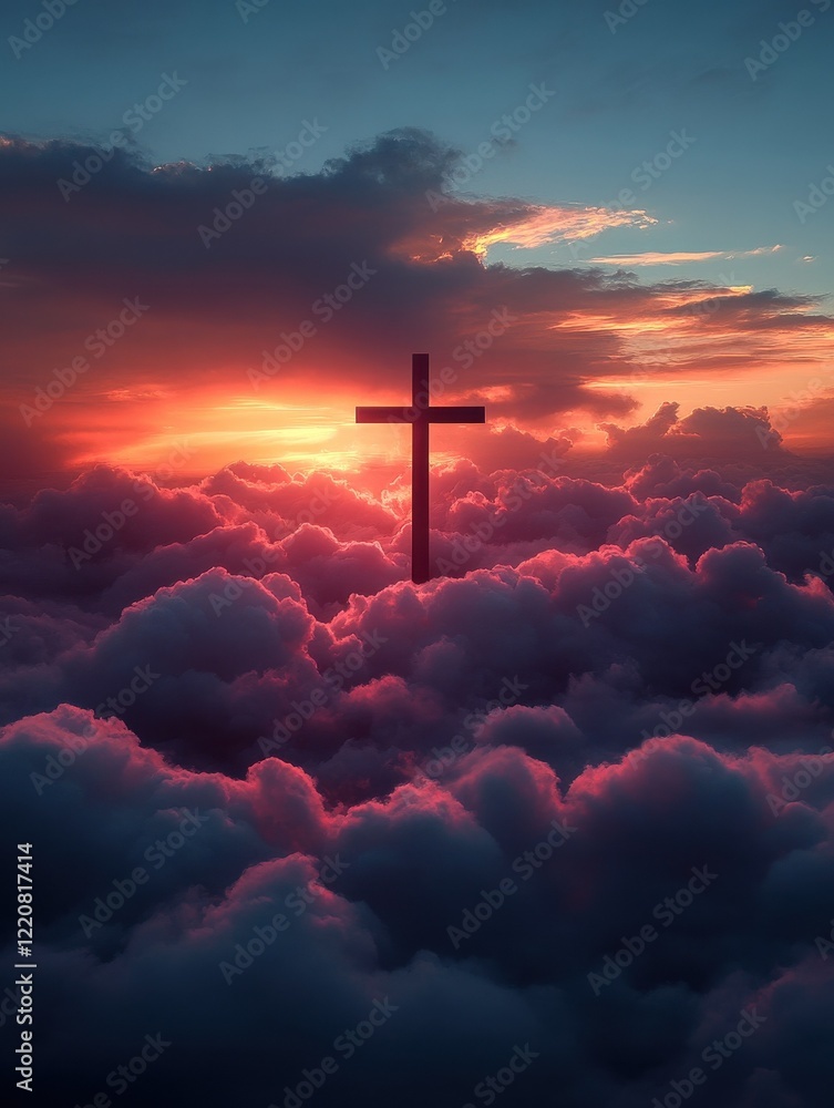 Fototapeta premium A cross in the middle of the clouds at sunset