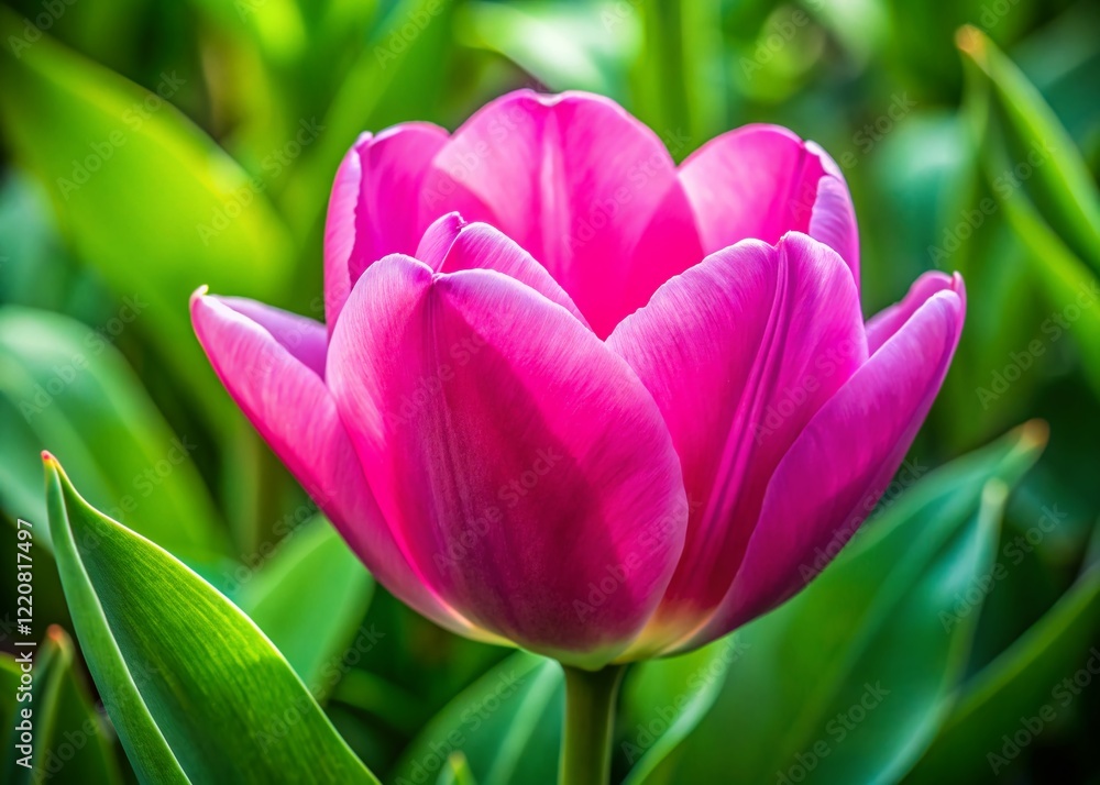 Fototapeta premium Macro Pink Tulip Blossom, Green Leaf Background - Spring Flower Photography