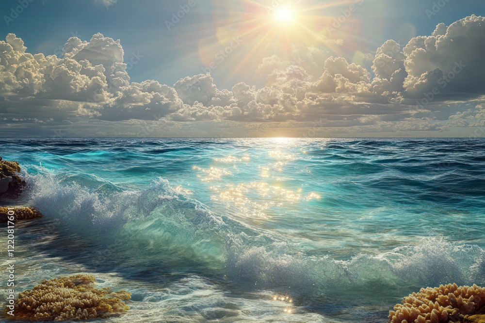 Fototapeta premium A sunlit tropical lagoon surrounded by coral reefs, with gentle waves shimmering under a radiant sky