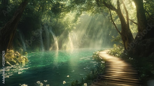 Sunlit forest path leads to serene waterfall