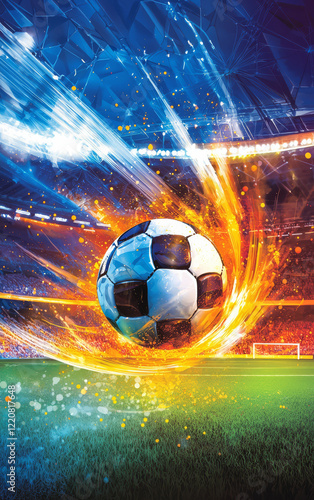 Soccer Ball in Motion: A dynamic visualization captures a soccer ball soaring through the air with dramatic effects, evoking the energy and excitement of a live game.
