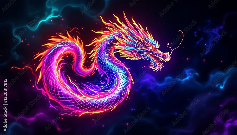 Obraz premium Neon Rainbow Dragon Digital Art Cosmic Background