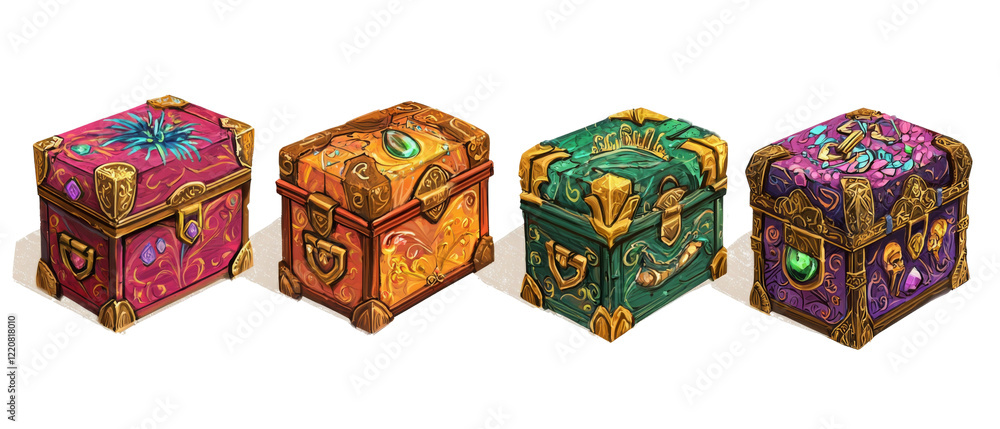 Fototapeta premium Vibrant treasure chests with intricate designs and colorful gems